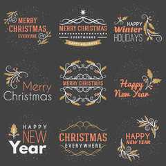 Set of Merry Christmas and Happy New Year Decorative Badges for Greetings Cards or Invitations. Vector Illustration. Typographic Design Elements. Golden, White and Pink Color Theme on Dark Background