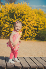 Beautiful young baby blond girl with sensual huge brown eyes posing on sandy beach with yellow flower bush and plenty balloons wearing colourful couturer dress and pink pants