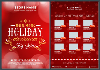 Christmas sale catalog design. Business flyer template. Vintage badge with red background