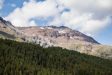 Obraz premium Paesaggio di montagna con bosco e cime innevate