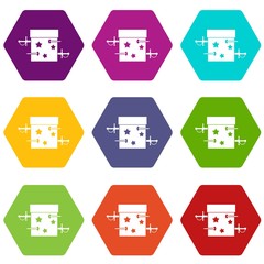 Sword box illusion icon set color hexahedron