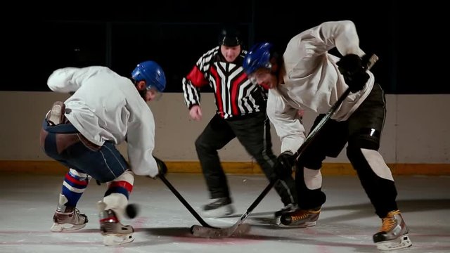 hockey referee produces a faceoff and the two players begin to fight for the puck