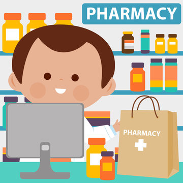 Pharmacist at the counter with a shopping bag full of medicine. Vector illustration