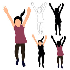 vector, isolated silhouette little girl jumping, sketch of child, flat style