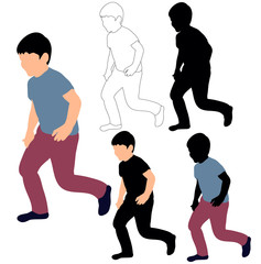 vector, isolated silhouette little boy running, sketch of child, flat style