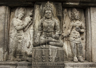 Stone frescoes of Ancient Hindu temple Prambanan. The island of Java. Indonesia.