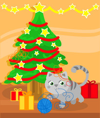 Christmas tree and cute kitty cat vector illustration