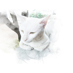 White cat sit on floor with tree background. Watercolor painting (retouch).