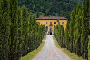 Magnificent spring landscape.Beautiful view of typical tuscan farm house, green wave hills, cypresses trees, hay bales, olive trees, beautiful golden fields and meadows.Tuscany, Italy, Europe