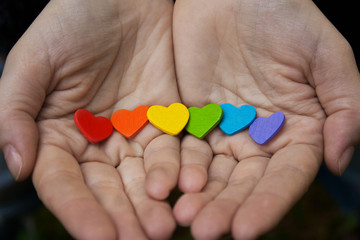  hearts of the color of the rainbow in women's hands. The LGBT Symbol