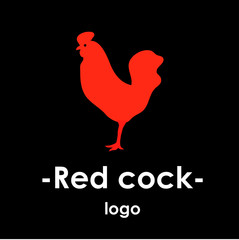 Fototapeta na wymiar Логотип: красный силуэт петуха в профиль, стоящий на одной ноге. Черный фон.