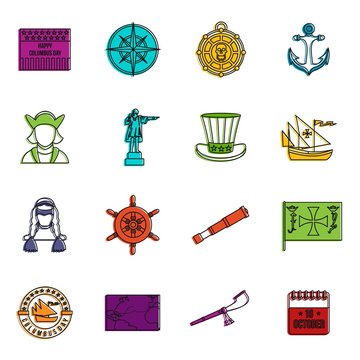 Columbus Day icons doodle set