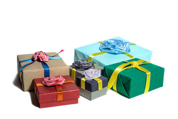 Gift boxes with a bows. Isolated on white