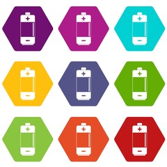 Alkaline battery icon set color hexahedron