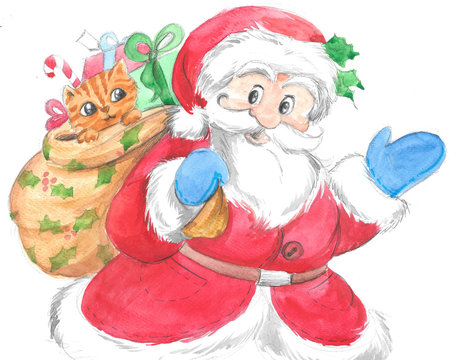 Traditional Santa Claus with cat in sack