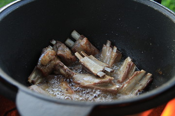 Meat with spices on a plate, cooking on fire