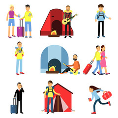 Cartoon men and women tourists characters set. Camping recreation with guitar, hiking, people with luggage, family vacation
