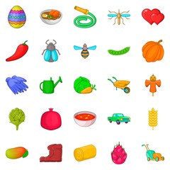 Large scale farming icons set, cartoon style
