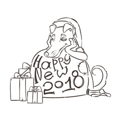 Yellow dog for New Year 2018, cute symbol of horoscope. Cute puppy in cartoon doodle style.