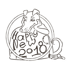 Yellow dog for New Year 2018, cute symbol of horoscope. Cute puppy in cartoon doodle style.