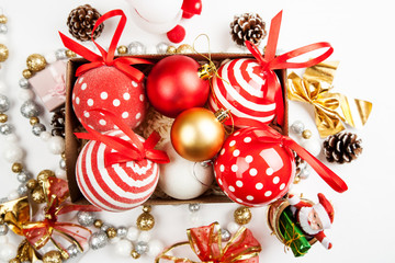 Set of different christmas decorations closeup shot, top view