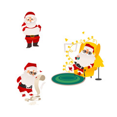 vector flat cartoon santa claus in christmas stockings and hat sitting at luxury armchair, holding paper scroll and standing with empty poster set. Holiday illustration isolated on a white background