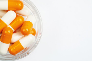 Medications and pills on a white background closeup shot
