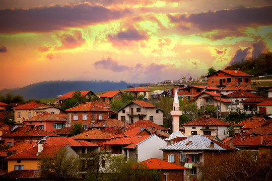mosque in small village in bulgarian mountains, HDR sunset