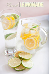 Retro advertisement with lemon slice and glass of fresh lemonade.
