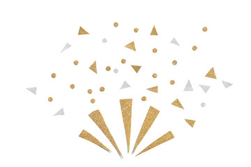 Gold and silver glitter party popper paper cut on white background