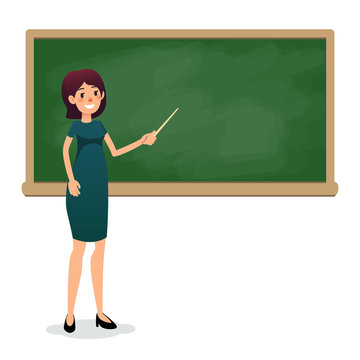 Cartoon flat women with pointer in the classroom near the blackboard is teaching a lesson. Yang female teacher at the university is giving a lecture. Flat teacher on lesson showing on board. Empty