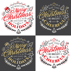 Calligraphic lettering for Merry Christmas and Happy New Year with golden glitter effect on dark background. Vector illustration decorated with design elements. Perfect to use for greeting Cards