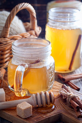 Honey with cinnamon sbiten, selective focus