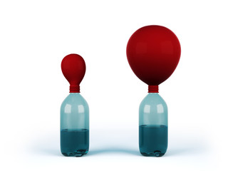 Chemical reaction with balloon and bottle experiment isolated. The balloon is blow up when soda is added to a bottle of vinegar.