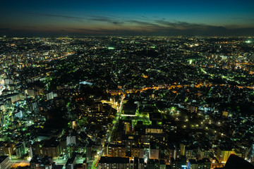 Cityscape of Minato Mirai area of Yokohama City at dusk (横浜みなとみらい地区夜景) in Kanagawa, Japan.