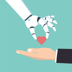 Robot hand give man a heart. Vector illustration.