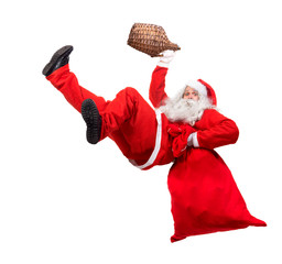 Funny Santa Claus falls with a bag full of x-mas gifts. Santa Claus holds drink in carboy. Falling drunk Santa carry sack with gift box.