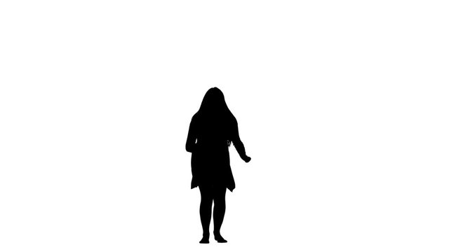 Girl is dancing energetically, having fun. White background. Silhouette