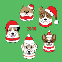 Dog is Symbol of 2018 year. Colored hand draw sketch of head of dogs in Santa Claus hat and scarf. Set of pets: chihuahua, australian shepherd dogs,  Labrador, Pomeranian Spitz. Vector illustration.