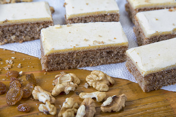 Freshly baked wulnuts cake with yolk topping