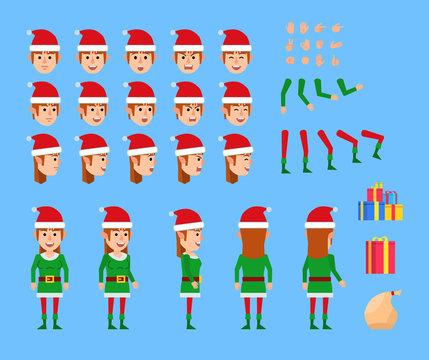 Christmas elf girl creation set. Various gestures, emotions, diverse poses, views. Create your own pose, animation. Flat style vector illustration