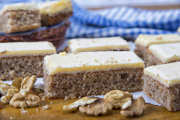 Freshly baked wulnuts cake with yolk topping