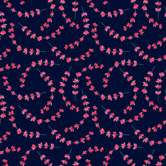 Watercolor floral seamless pattern. Pink meadow flowers on black background