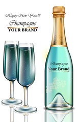 New Year blue champagne bottle and glasses card. Vector realistic illustration