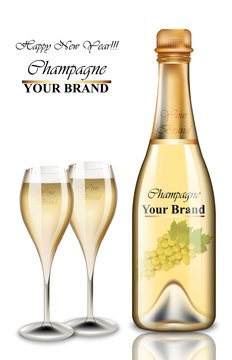 New Year champagne bottle and glasses card. Vector realistic