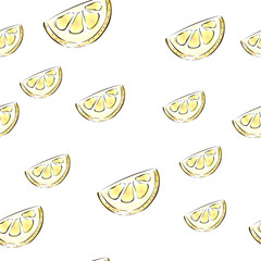 Vector seamless pattern with fresh citrus fruit slices on white backgroud. Lifght backdrop.