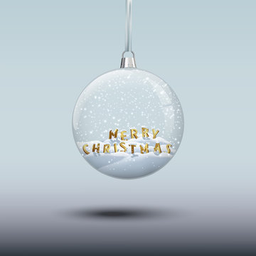 Transparent Christmas tree toy with Merry Christmas golden letters inside. Vector Christmas element.
