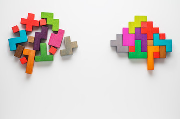 The concept of rational and irrational thinking. Colourful shapes of abstract brain for concept of...