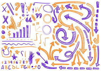 VECTOR set of hand-sketched icons. Elements for text correction or planning. Orange and purple color.