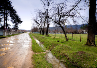 Street in the village after rain